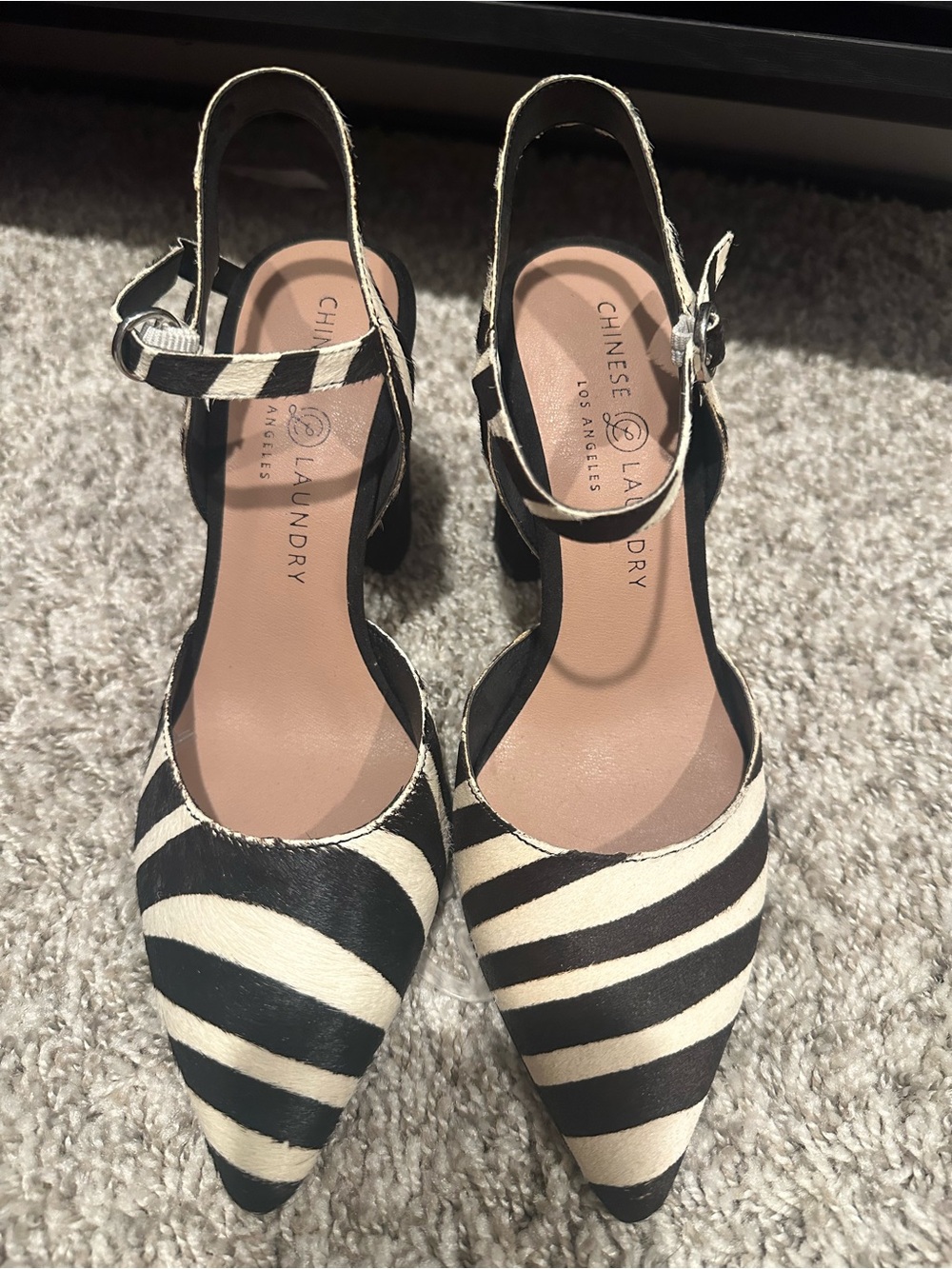 Chinese Laundry Black & White Zebra-Print Pointed Slingback Heels